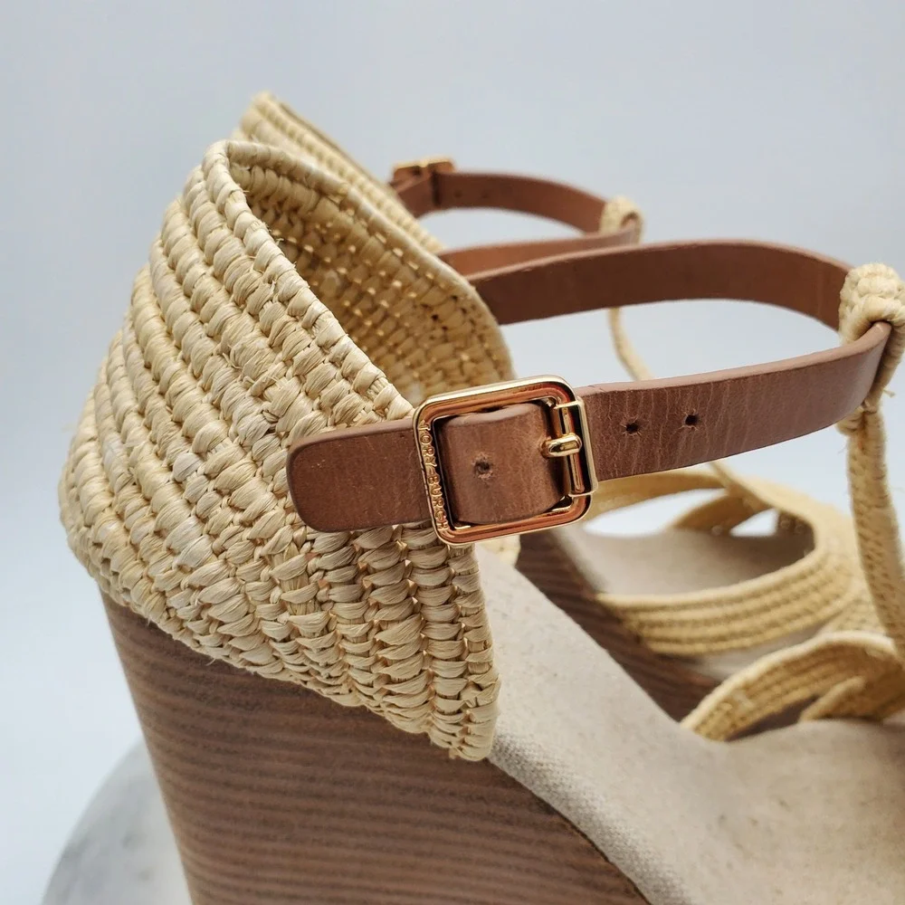 Tory Burch Carina Macrame Straw Wedge Sandals Royal Tan Leather T-Strap‎ US 9.5M